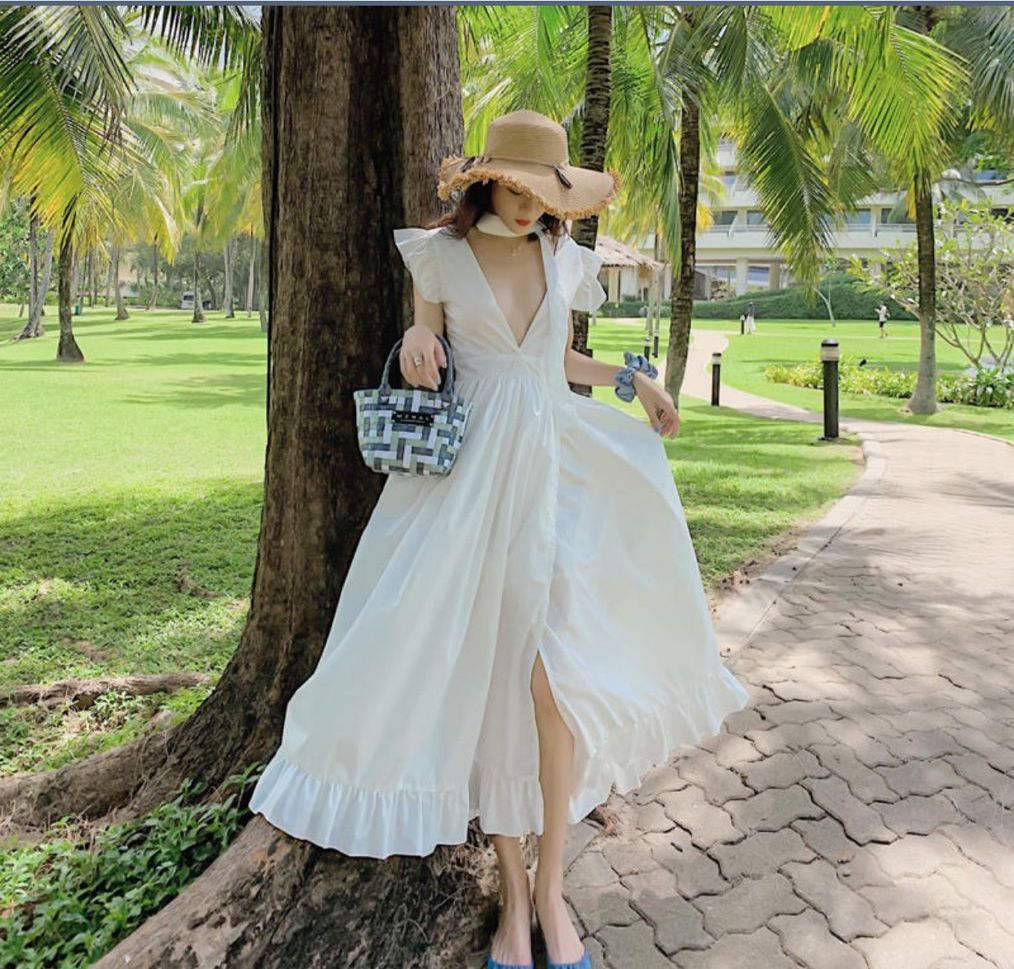 White Ruffle Sleeves, Front Slit Maxi Dress – Cloz Online